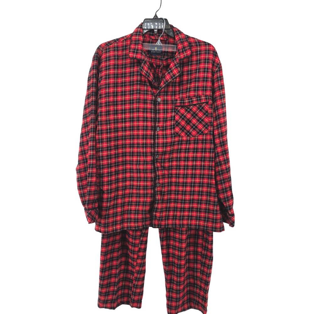 Stafford Mens Red Plaid Flannel Pajama Set Large 2 Piece Long Sleeve Cotton L